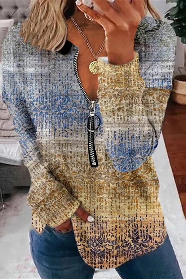 Vintage Graphic Print Zipper Design Top