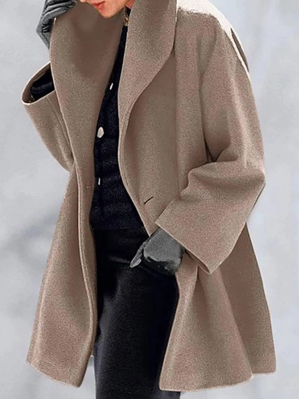 Round neck loose hooded woolen coat