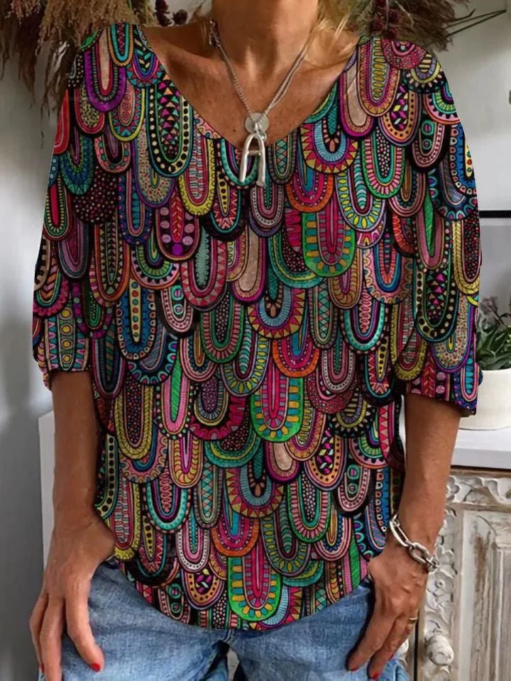 Women's T-Shirts Loose V-Neck Printed Short Sleeve T-Shirt（⚡Clearance Sale）