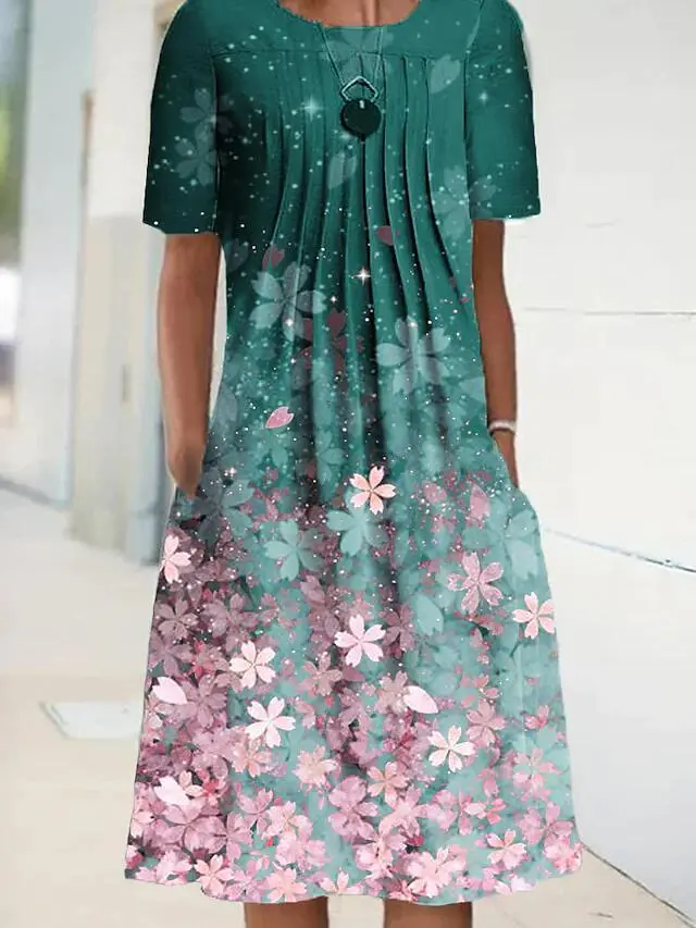 Starry and Flowers Crew Neck Midi Dress