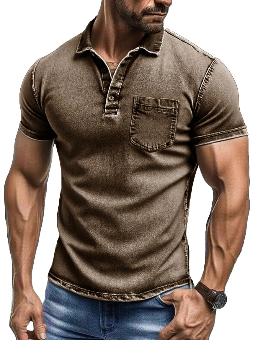 Men's Fashion Retro Pure Cotton Distressed Fabric Pocket Lapel Polo Shirt 