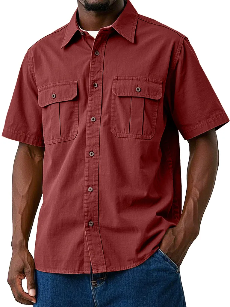 Men's Casual Workwear Double Pocket Solid Color Short-sleeved Shirt