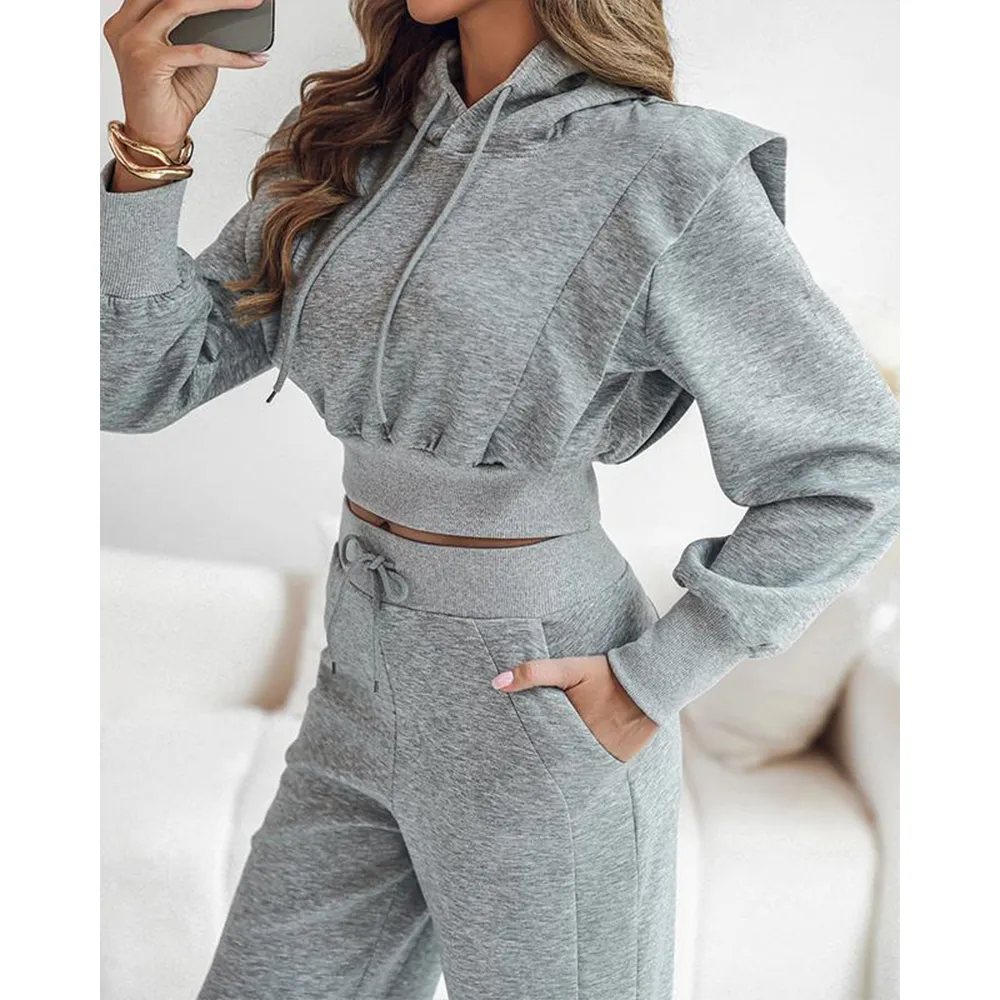 Hooded Long Sleeve Sweatshirt and Casual Wide Leg Sweatpants Set