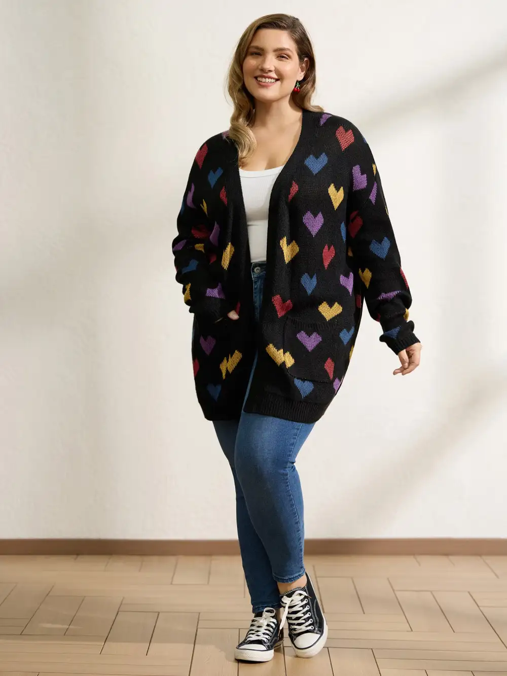 Colorful Hearts Jacquard Pockets Knit Cardigan