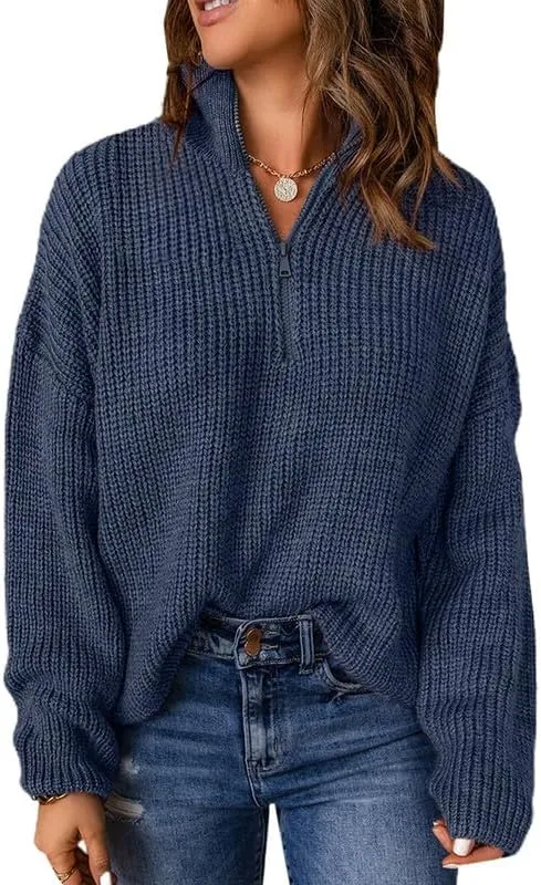 Womens Sweaters Long Sleeve 1/4 Zip Pullover Polo V Neck Dressy Casual Tops