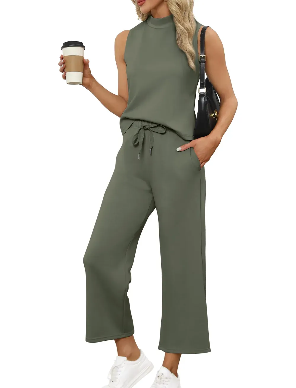 ✨Women's Mock Neck Tops Wide Leg Crop Pants Travel Outfits