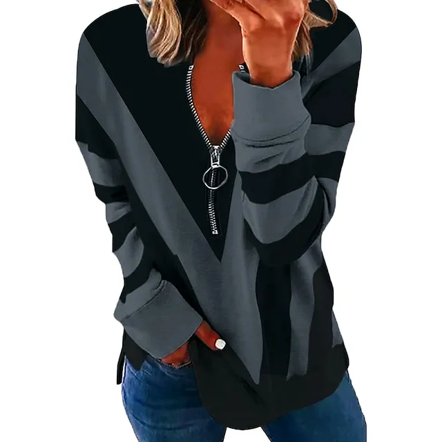 Women's Sweatshirt Pullover Streetwear Basic Zipper White Blue Purple Color Block Abstract Casual V Neck Long Sleeve Spring &  Fall Fall & Winter