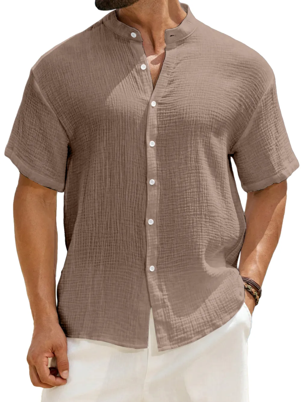Men's Casual Solid Color Breathable Pleated Texture Stand Collar Short-sleeved Button-down Shirt