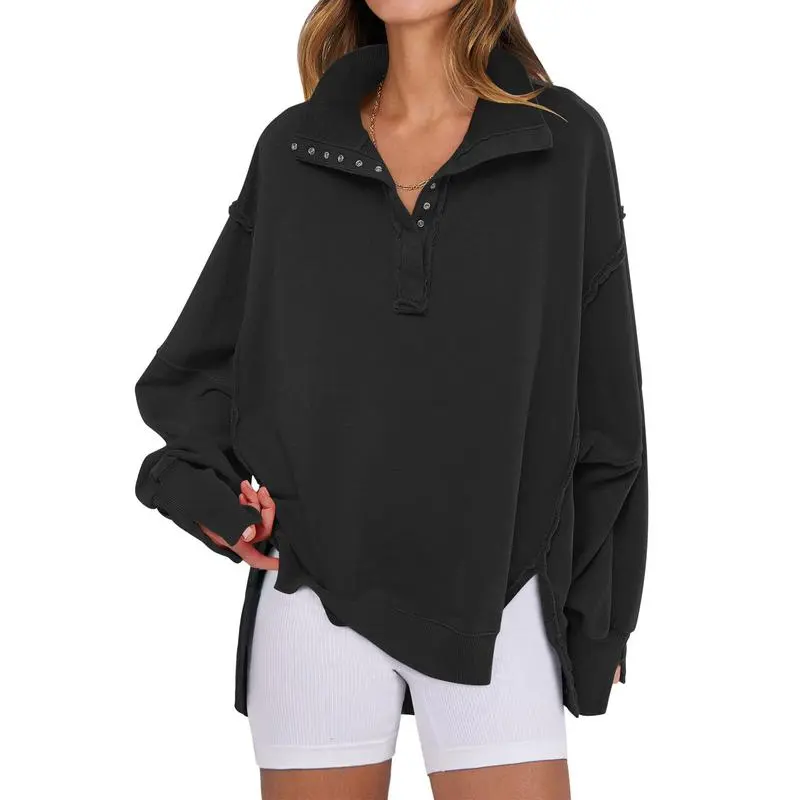 Women's Sweatshirts Oversized Casual Loose Button Up Henley Pullover Top High Low Split Fall Fashion Outfits