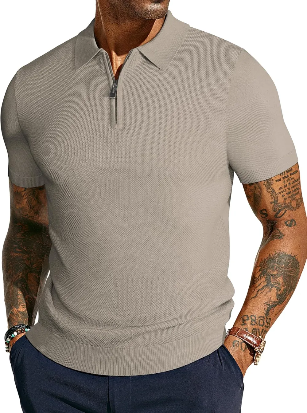 Men's Zipper Polo Shirt Textured Casual Knit Short Sleeve Polo T Shirt