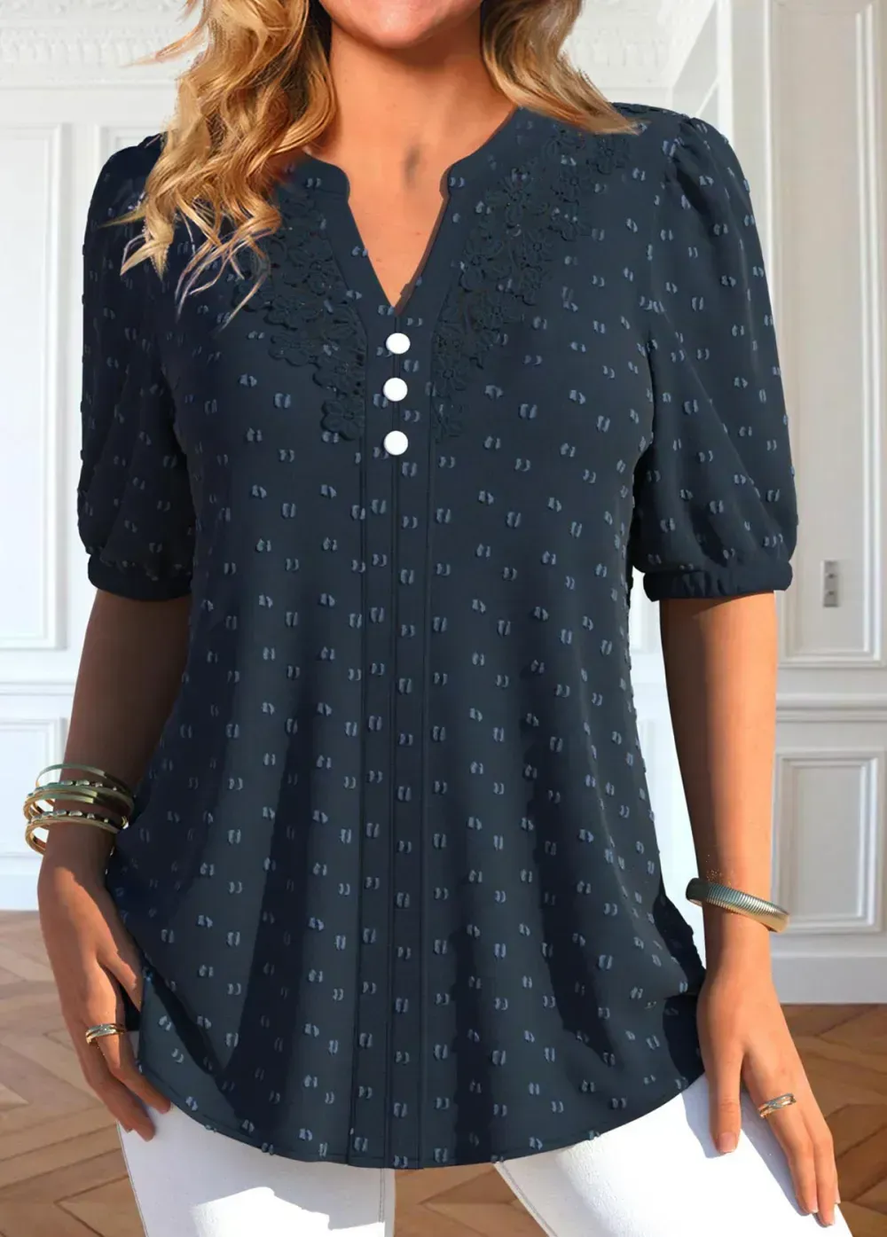 Navy Button Short Sleeve Split Neck Blouse