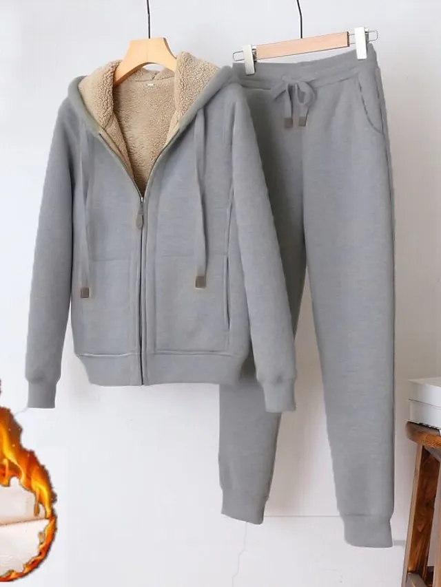 Women's Sweatshirt Tracksuit Pants Sets Black Red Blue Solid Color Zipper Drawstring Long Sleeve Sport Vacation Streetwear Sherpa Fleece Teddy Hooded Regular Fit Fall & Winter
