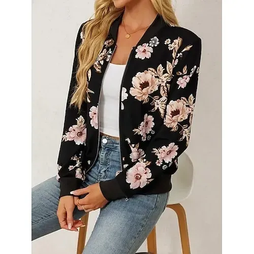 Women's Casual Jacket Comfortable Zipper Fashion Daily Modern Floral School Outdoor Vacation Home Regular Baseball Collar Regular Fit Long Sleeve Outerwear White Spring Fall