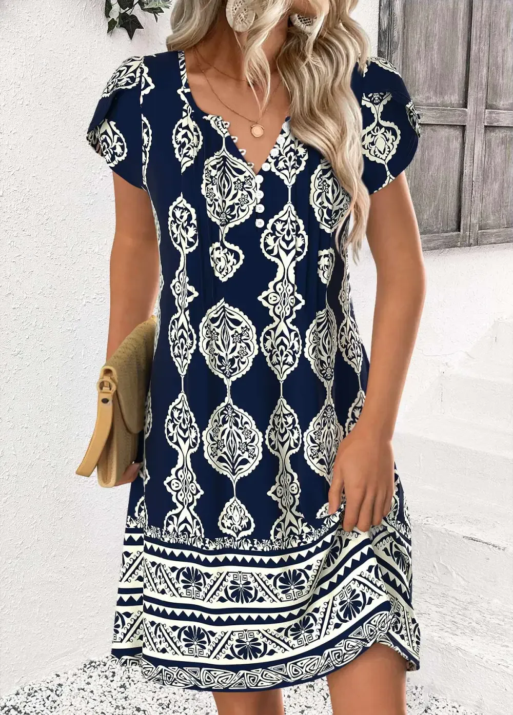 Navy Tribal Print Short Split Neck Dress