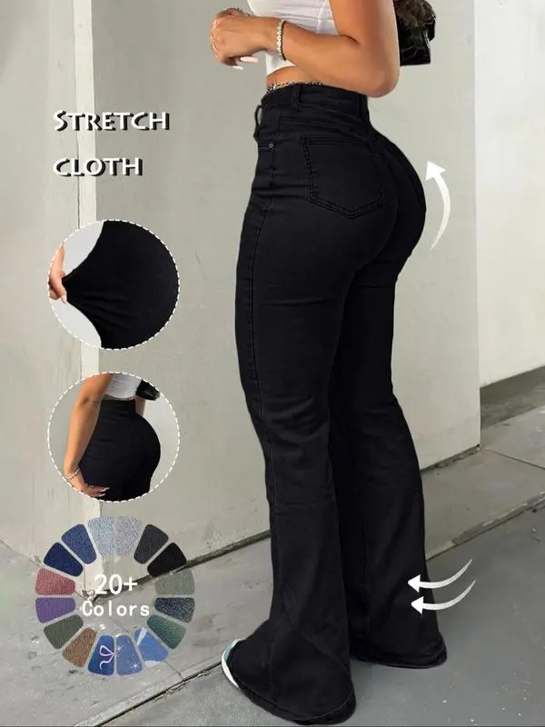 Women's High Waist Flare Jeans – Casual Button Fly Bell Bottom Denim Trousers