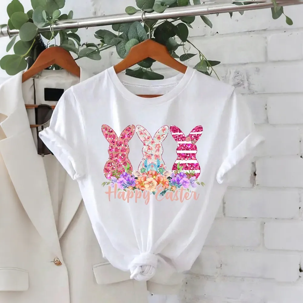 Happy Easter Printed Round Neck Short Sleeve T-Shirt