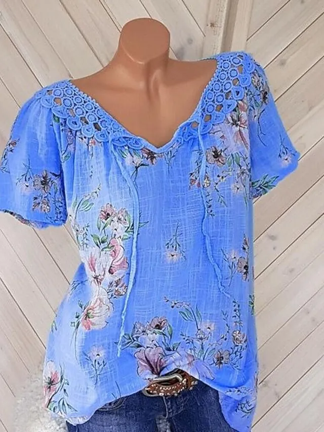 Women's Shirt Blouse Floral White Pink Blue Lace up Print Short Sleeve Casual Holiday Basic V Neck Regular Fit