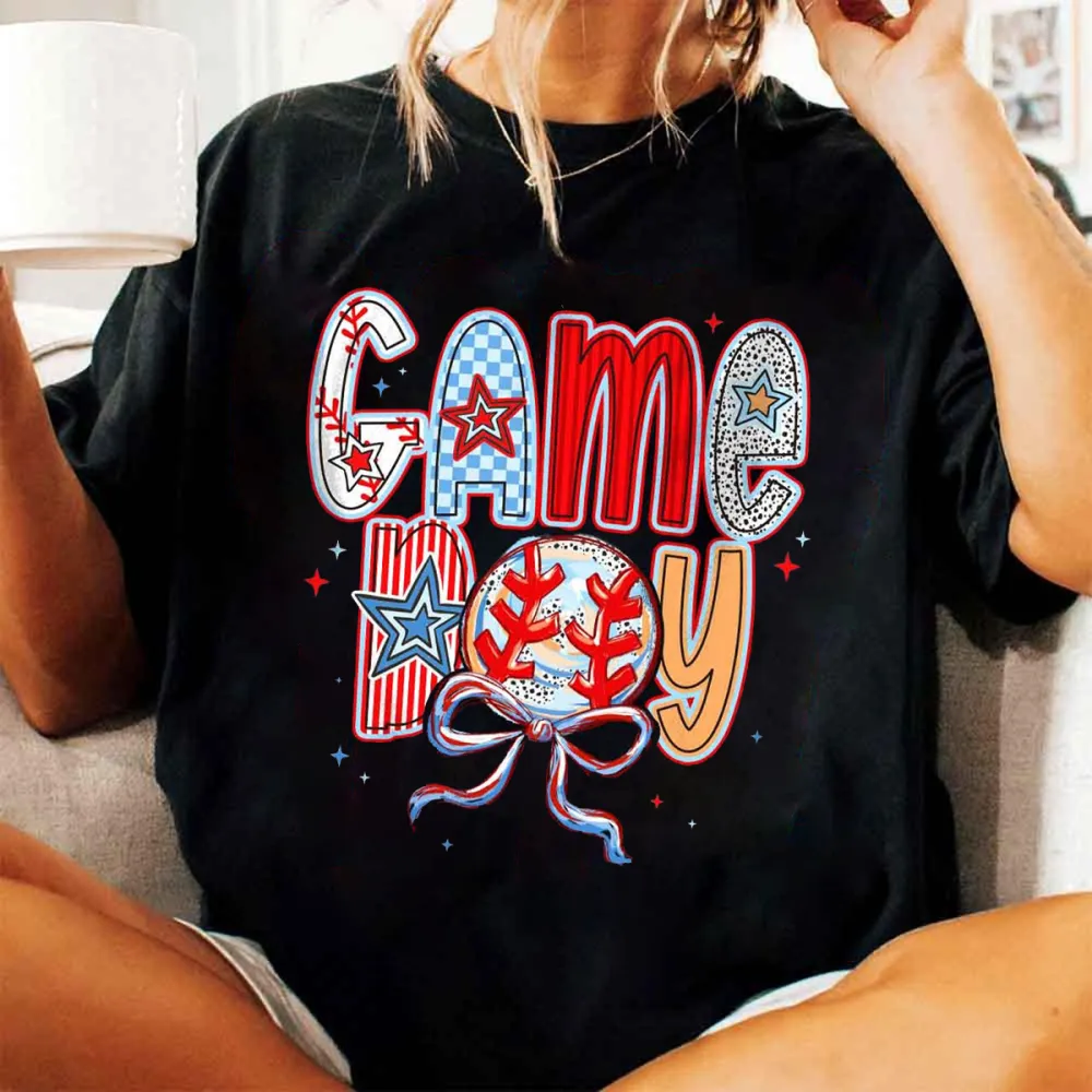 Baseball Game Day Printed Round Neck Short Sleeve T-Shirt