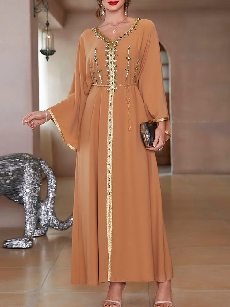 Hand sewn diamond flared sleeve dress gown