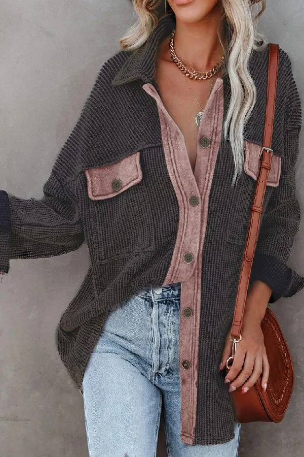 Colorblock Pocket Design Button Detailed Coat