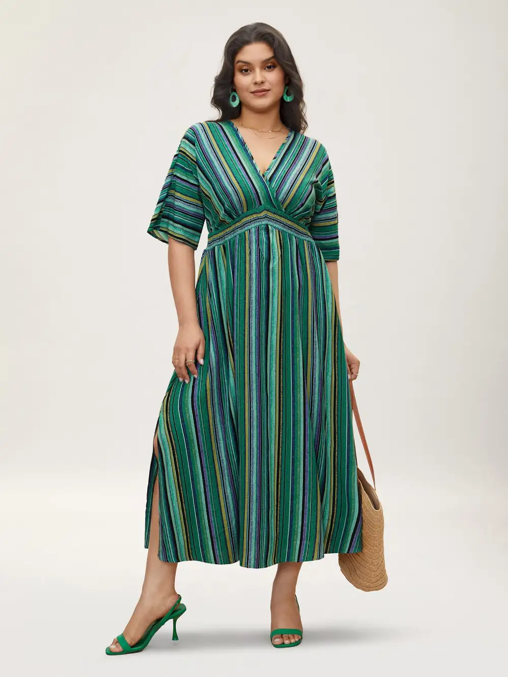 Striped Contrast Dolman Sleeve Shirred Pocket Split Flutter Dress