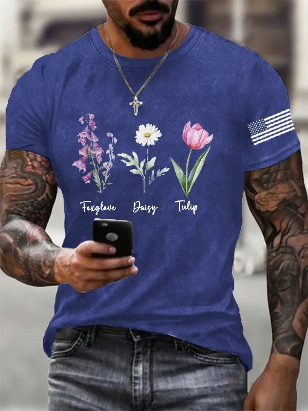 Men'S FDT Flowers Printed Cotton Washed T-Shirt