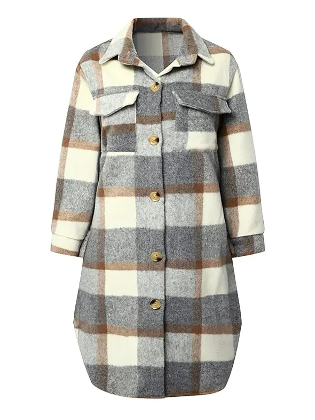 Women's Wool Blend Coat Winter Plaid Shacket Jacket Fall Long Pea Coat with Pockets Single Breasted Over Coat Trench Coat Gray Khaki Brown Modern Street S M L XL XXL / Winter