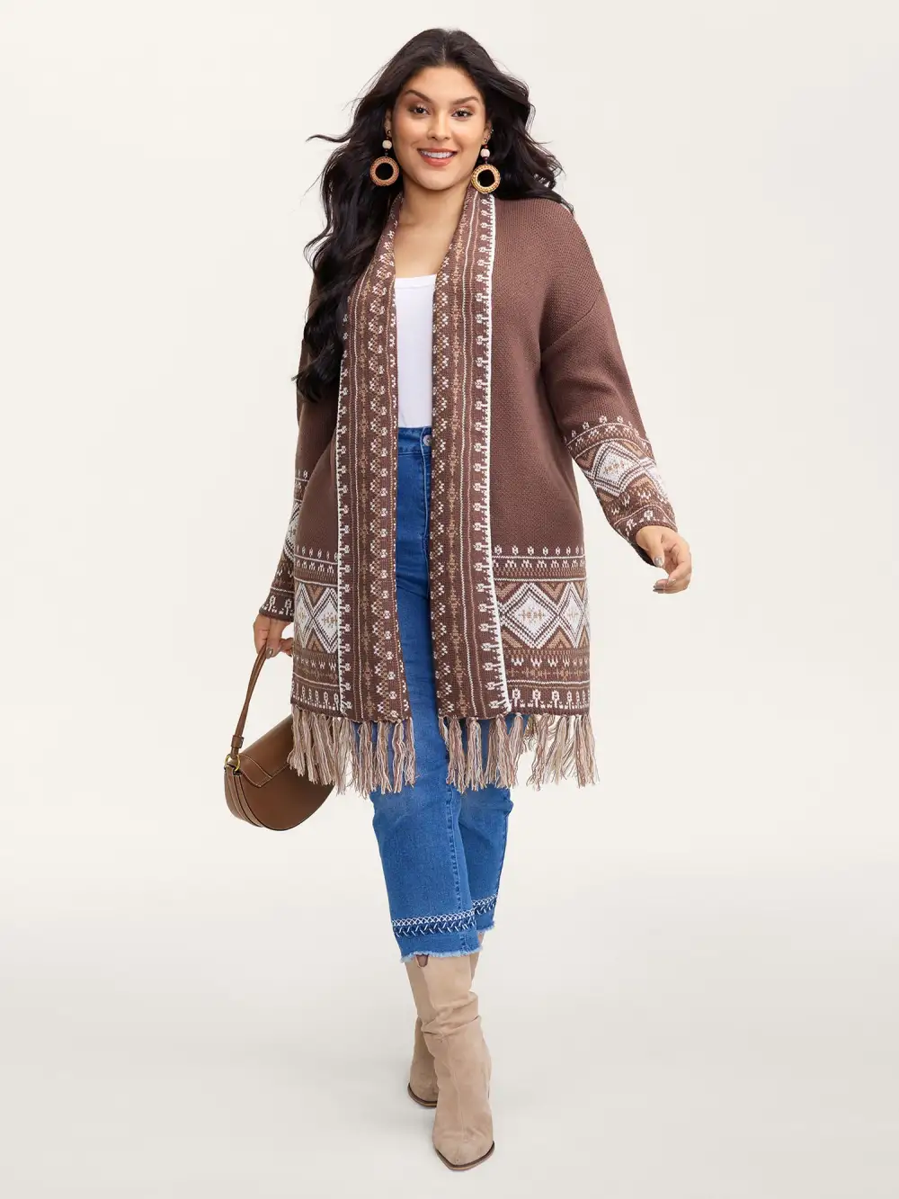 Boho Jacquard Folded Collar Tassels Cardigan