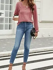 Women's Blouse Solid Color Elegant Daily Stylish Long Sleeve Puff Sleeve V Neck Regular Tops Work Daily Holiday Black Pink Summer Spring Fall