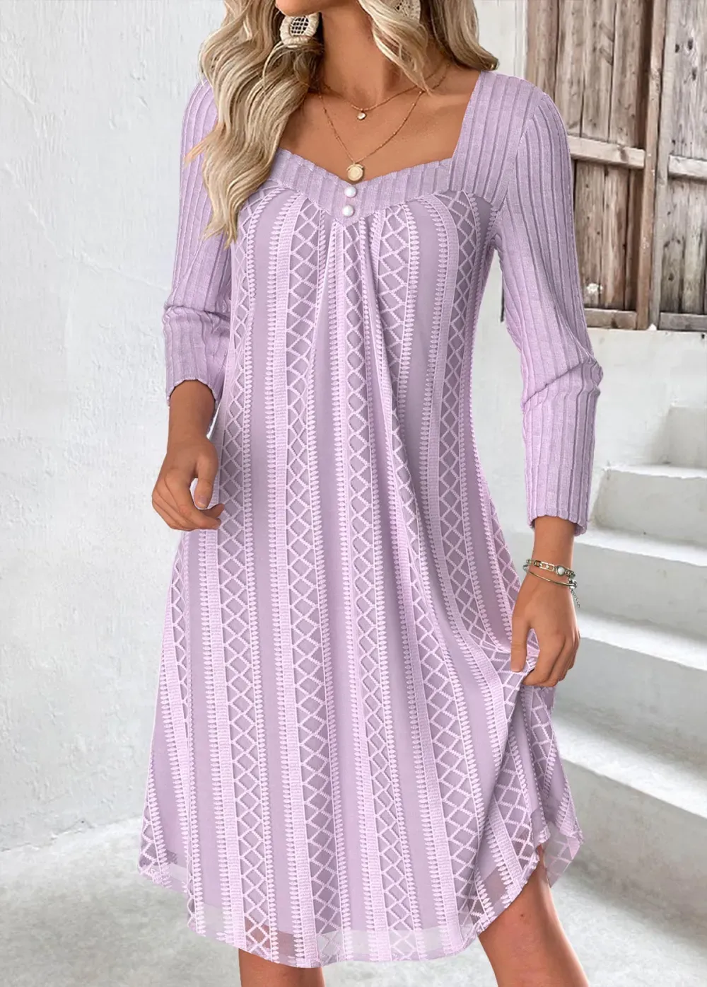 Light Purple Tummy Coverage Long Sleeve Heart Collar Dress