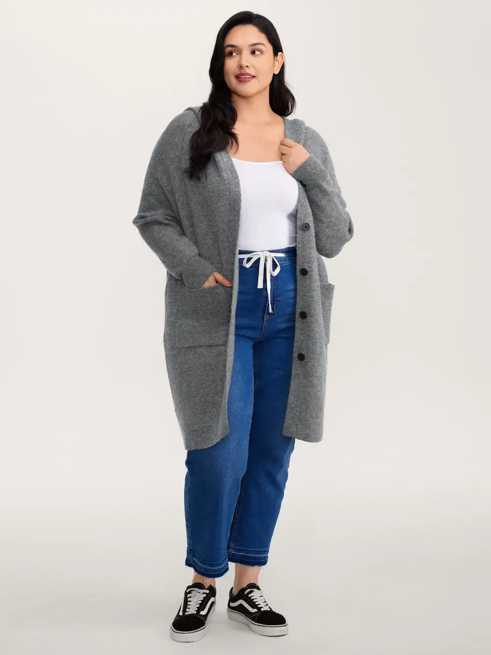 Hooded Button Slit Pockets Knit Cardigan