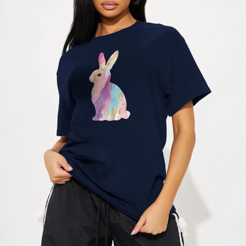 Colorful Bunny Pattern In Pink, Purple, Blue And Gold Glitter Effect, Easter, Casual T-Shirt.