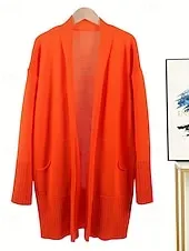 Women's Sweater Cardigan Streetwear Casual Solid Color V Neck Pocket Knitted Long Sleeve Long Tops Knit Daily Holiday Going out Orange Apricot Fall Winter