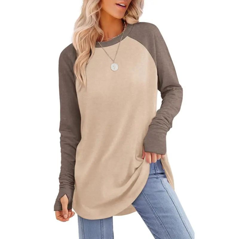 Womens Tunic Tops to Wear with Leggings Long Sleeve Thumb Hole Shirts Crew Neck Curved Hem