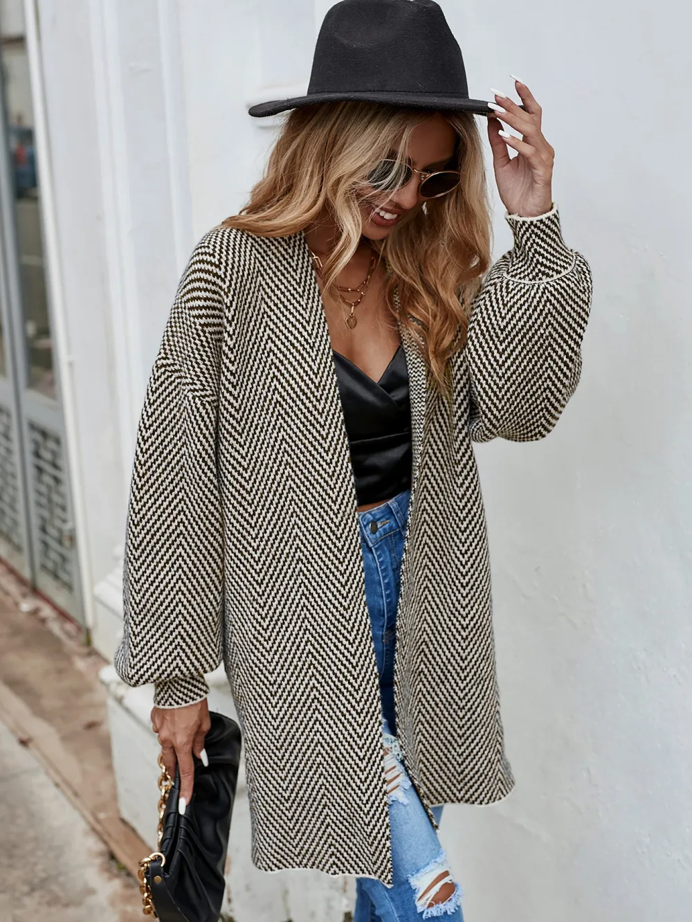 Chevron Pattern Bishop Sleeve Duster Cardigan