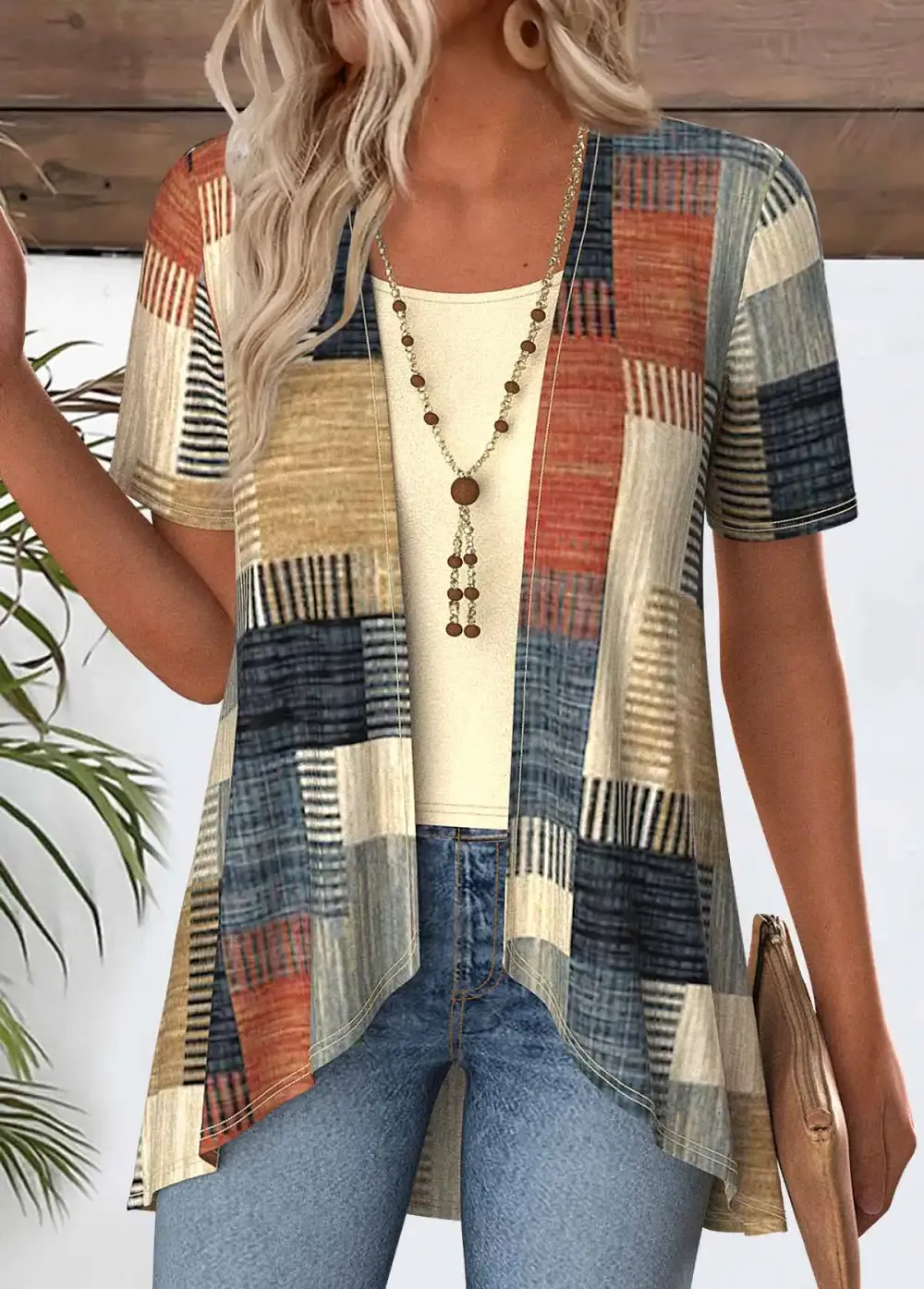 Multi Color Geometric Print Fake Two Piece Twinset