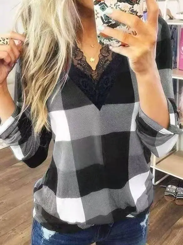 Women's T-Shirts V-Neck Lace Plaid Long Sleeve T-Shirt（⚡Clearance Sale）