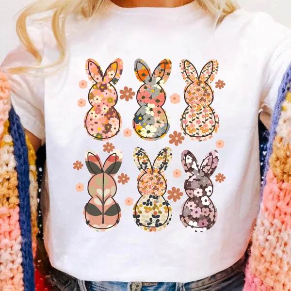 Easter Floral Bunny Printed Round Neck Short Sleeve T-Shirt