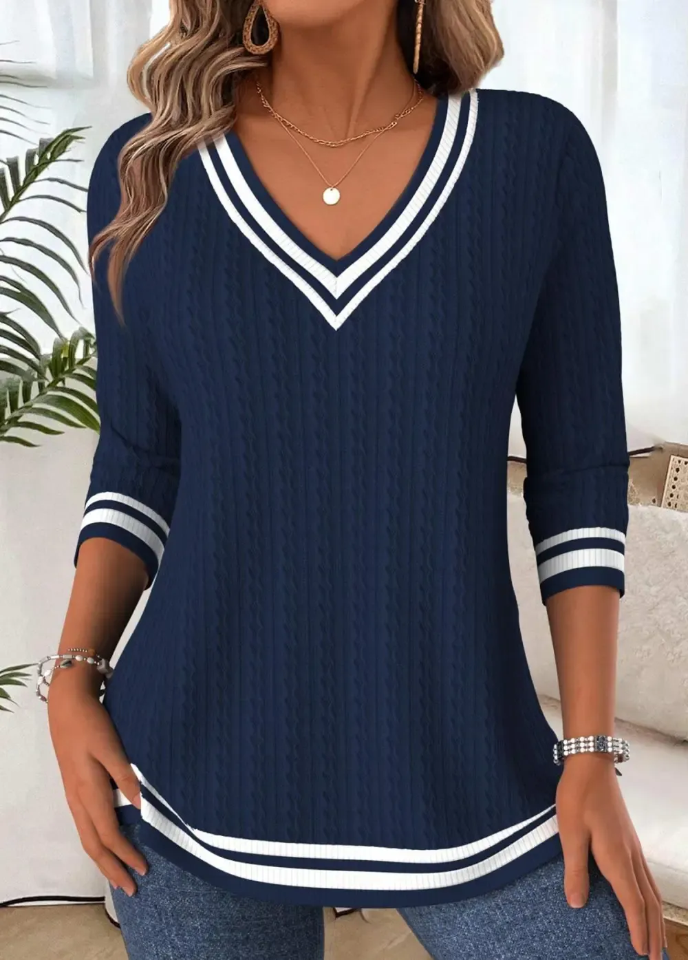 Navy Tummy Coverage Long Sleeve V Neck T Shirt