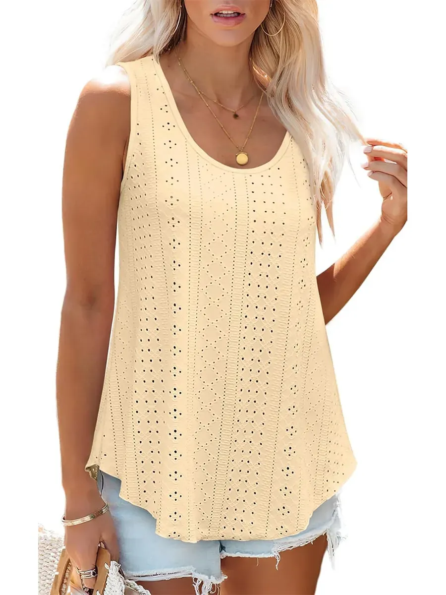 HOT SALE Women's Casual Loose Scoop Neck Wide Strap Eyelet Tank Tops