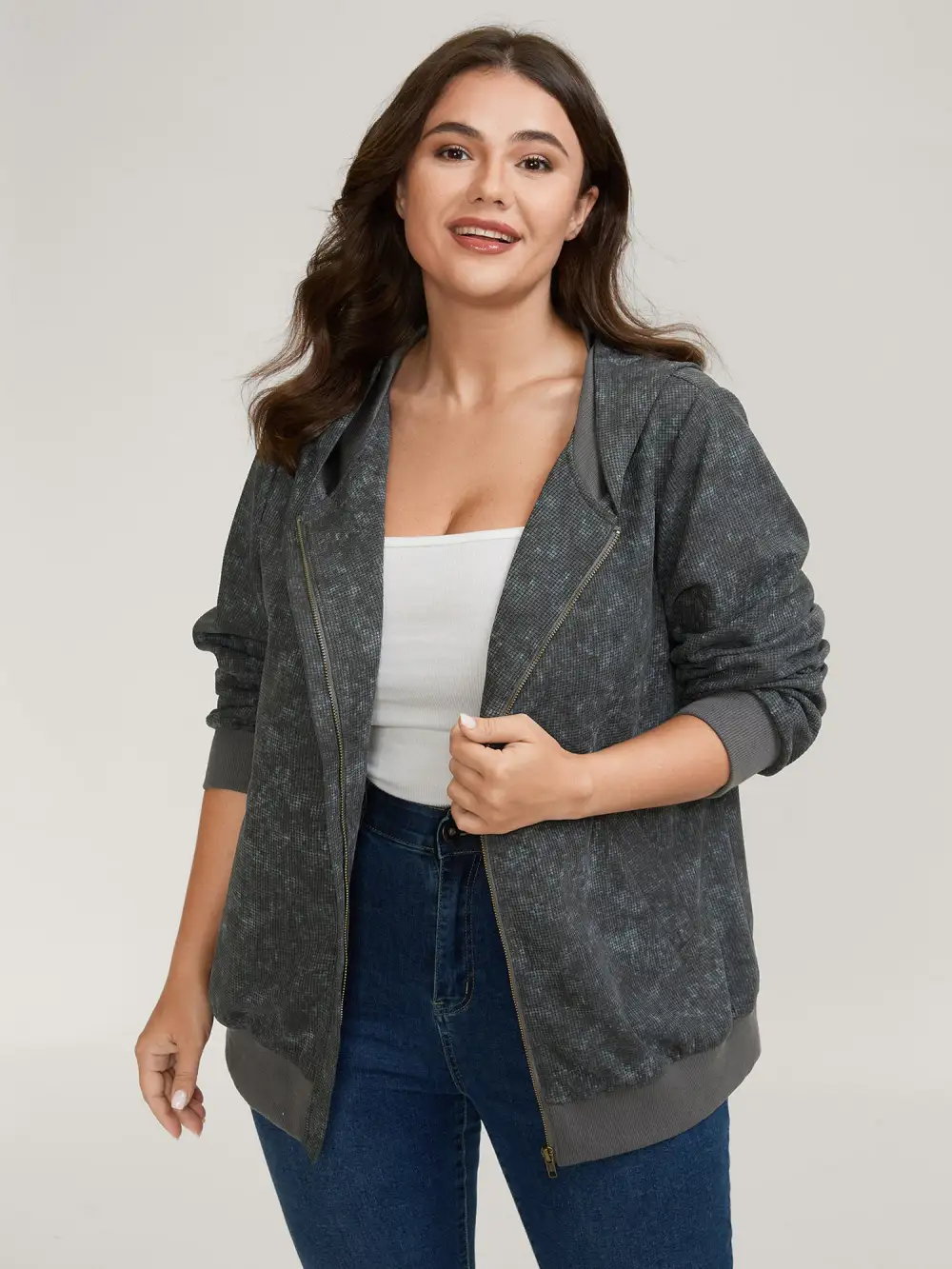 Waffle Texture Solid Zipper Hoodie