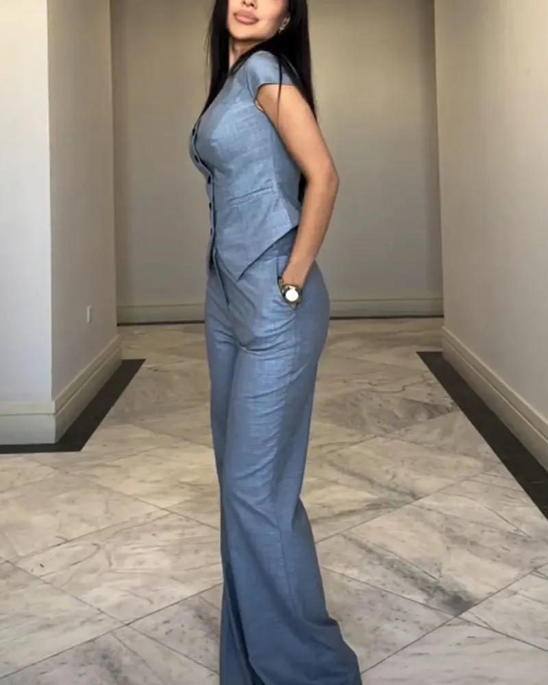 Fashion Commuter V-Neck Top & Pants Two-Piece Set