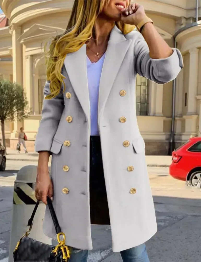 Womens Fall Winter Wool Coats Double Breasted Midi Peacoat Trench Coats