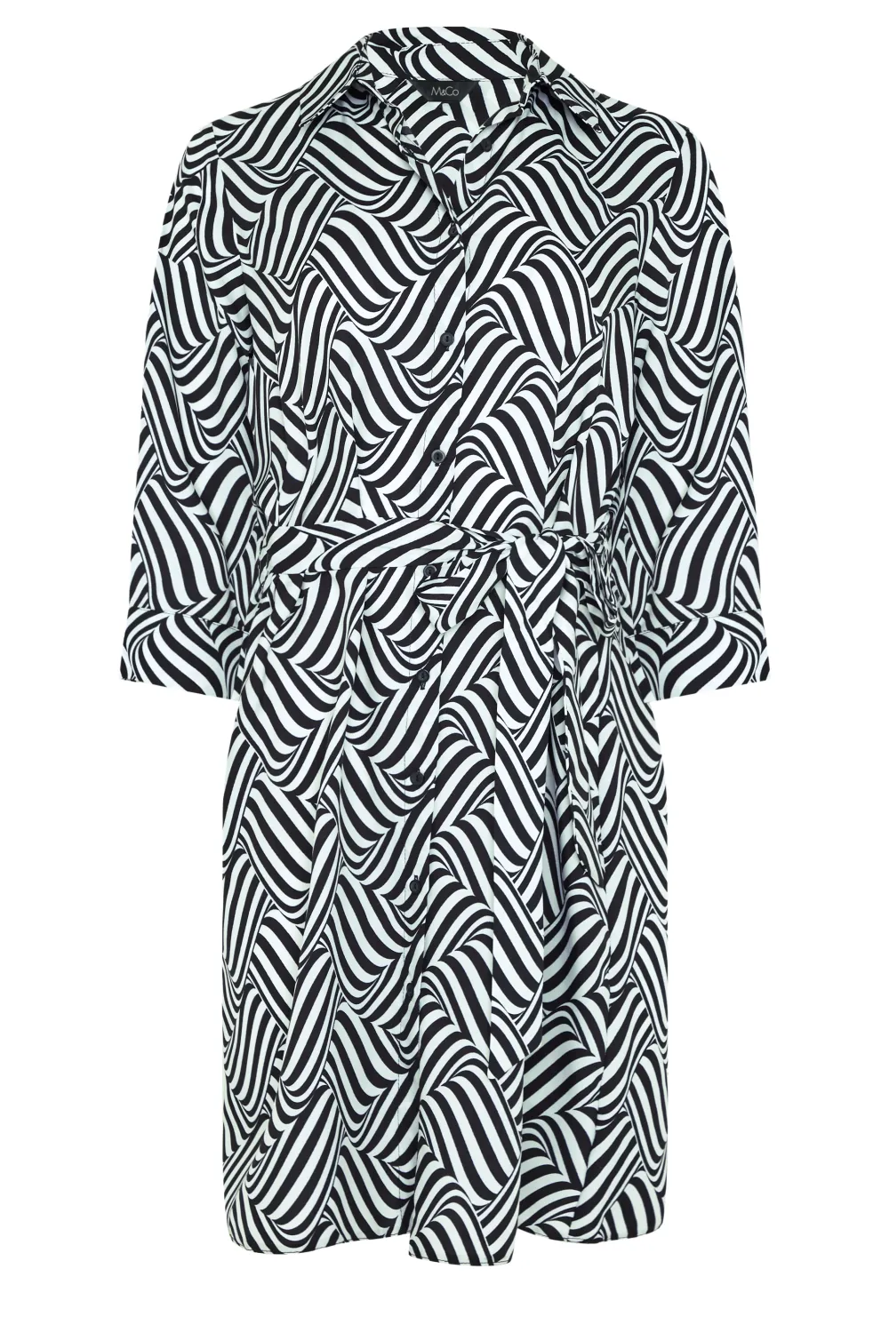M&Co Black Geometric Print Tie Waist Shirt Dress