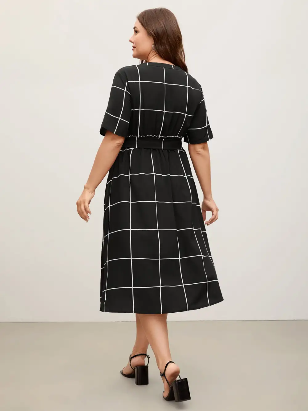 Checkered Print Belted Pockets Midi Dress