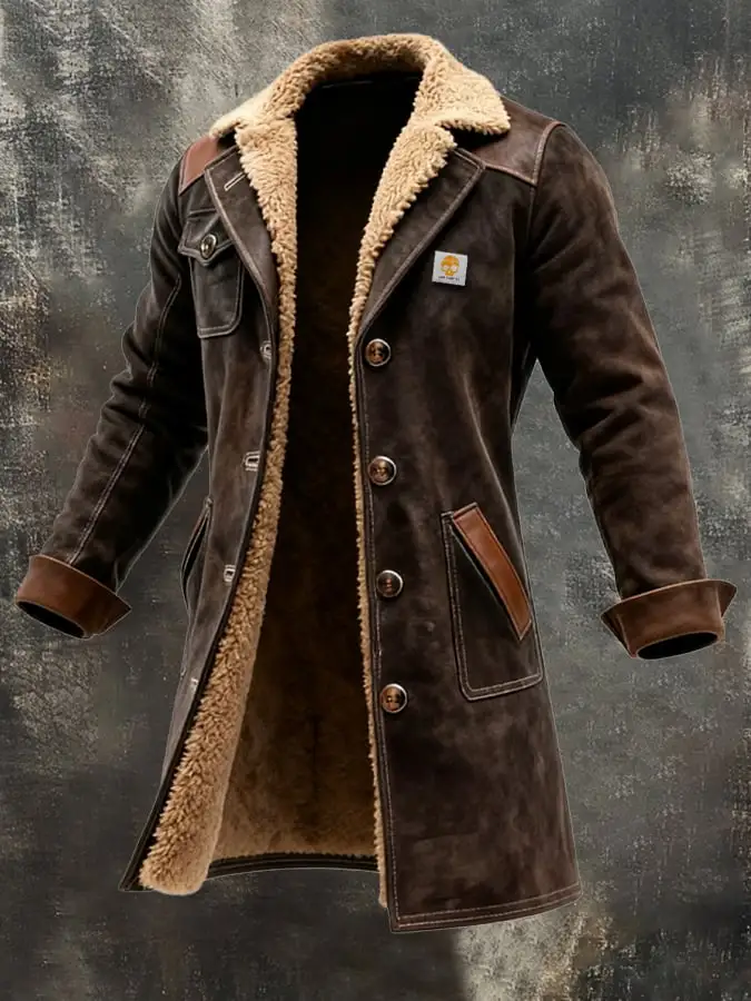 Men's Vintage Brown Shearling Coat With Fur Collar