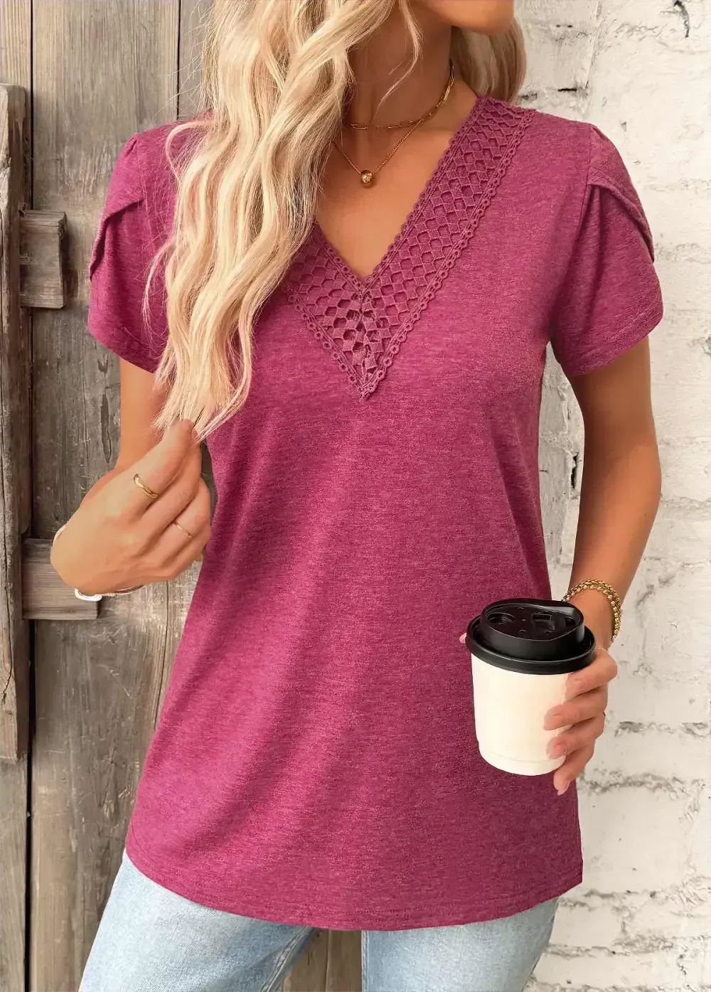 Dark Reddish Purple Short Sleeve V Neck T Shirt