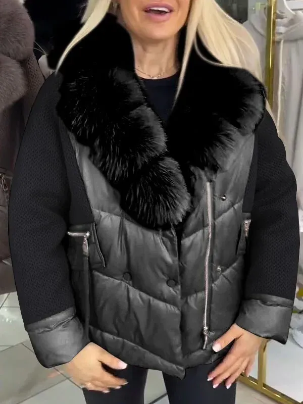 Down Jacket with Fur - trimmed Hood and Knitted Sleeves