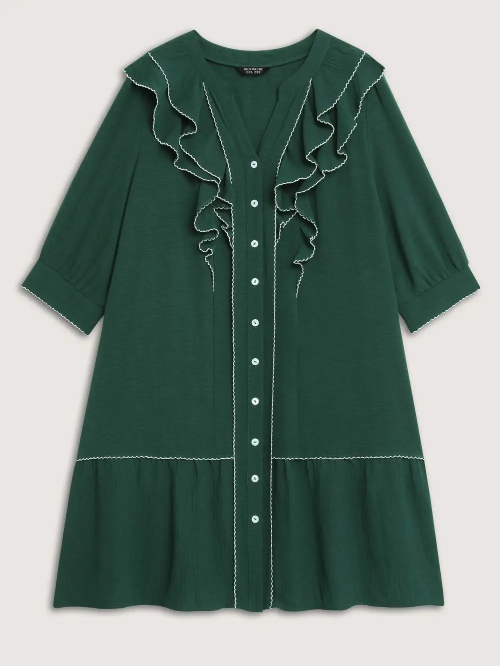 Ruffled Neck Tiered Button Knee-Length Dress