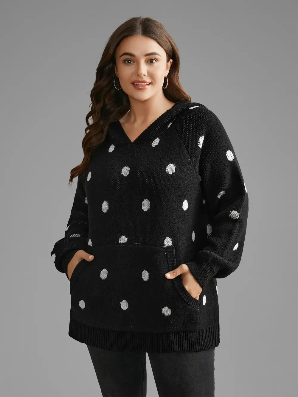 Polka Dot Hooded Patch Pocket Pullover